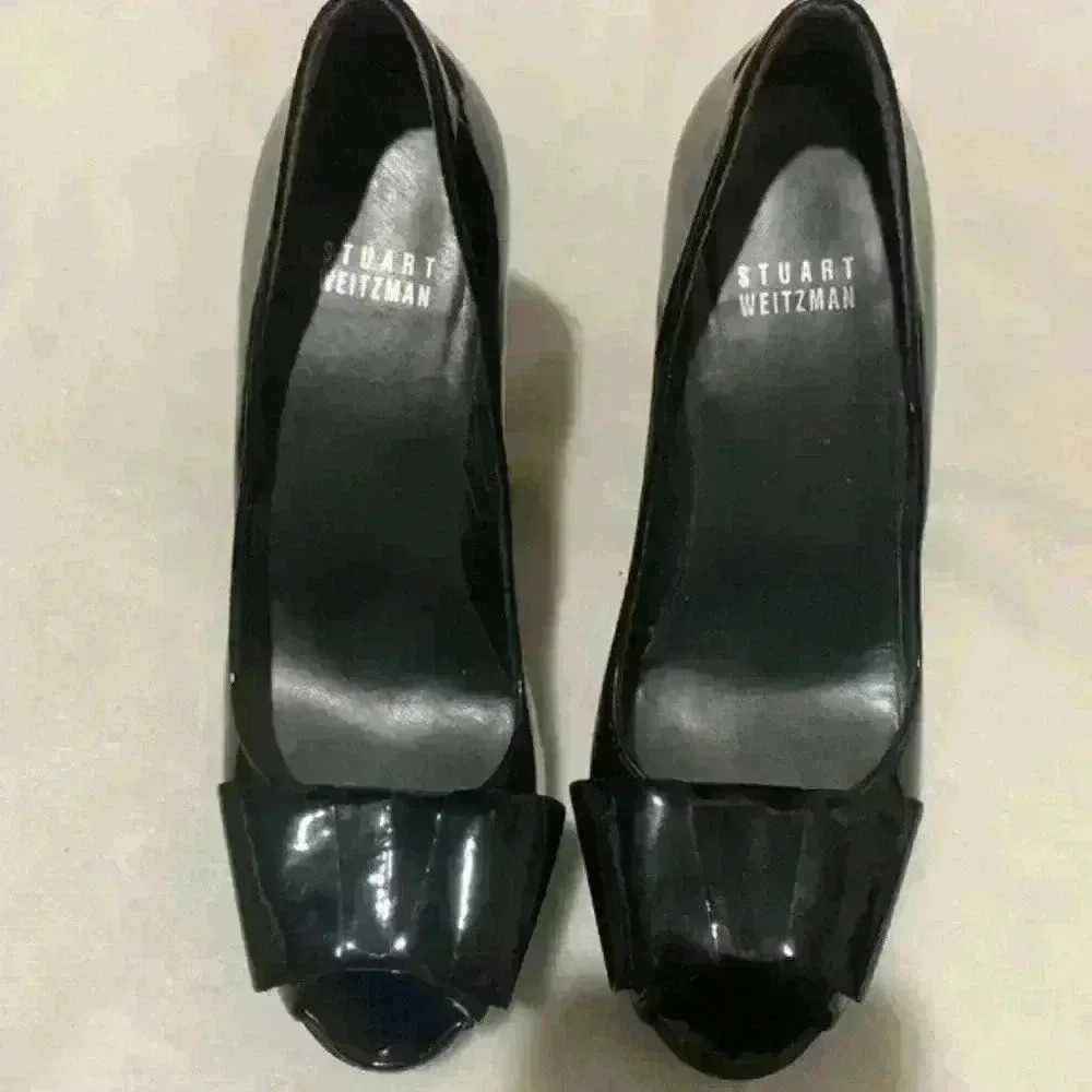 Stuart Weitzman 7.5 Black Patent Open-Toe Heels W… - image 1